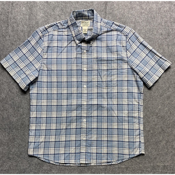 LL Bean Shirt Mens Medium Blue White Plaid Short Sleeve Button Down Stretch - Picture 1 of 12